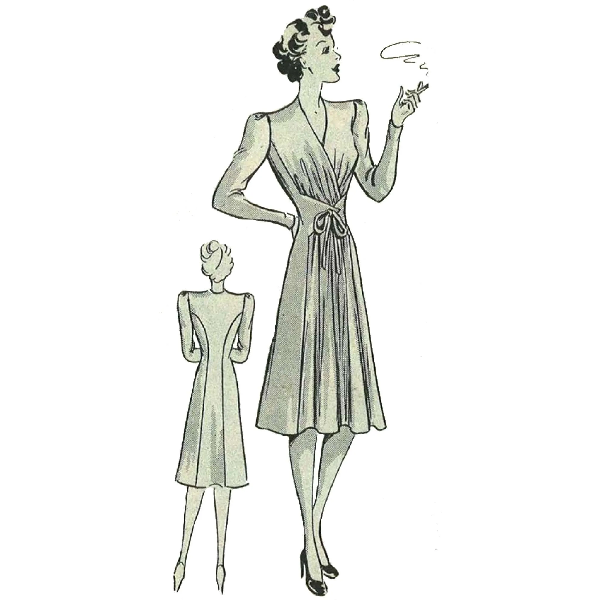 1940's Sewing Pattern - Tie Front Frock Dress Wrap Adjustable  - Bust 36" (91.4cm)