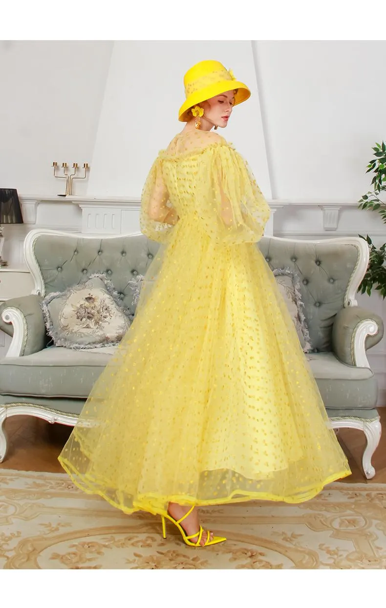 1950's vintage inspired retro polks dot lace mesh tulle yellow swing 1950 retro midi tea lenght ball down dress - Coco