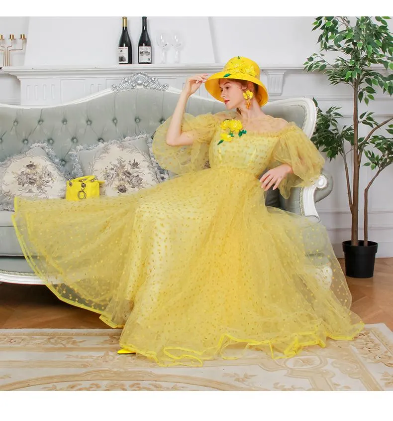 1950's vintage inspired retro polks dot lace mesh tulle yellow swing 1950 retro midi tea lenght ball down dress - Coco