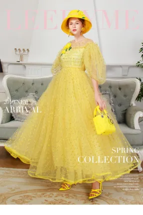 1950's vintage inspired retro polks dot lace mesh tulle yellow swing 1950 retro midi tea lenght ball down dress - Coco