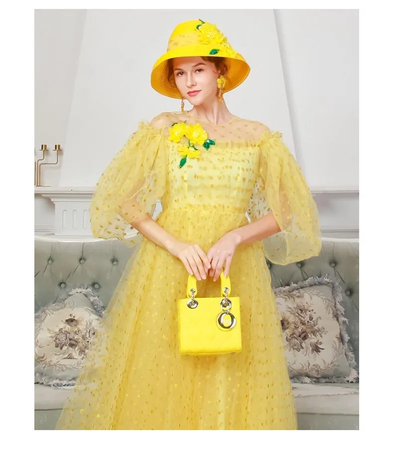 1950's vintage inspired retro polks dot lace mesh tulle yellow swing 1950 retro midi tea lenght ball down dress - Coco