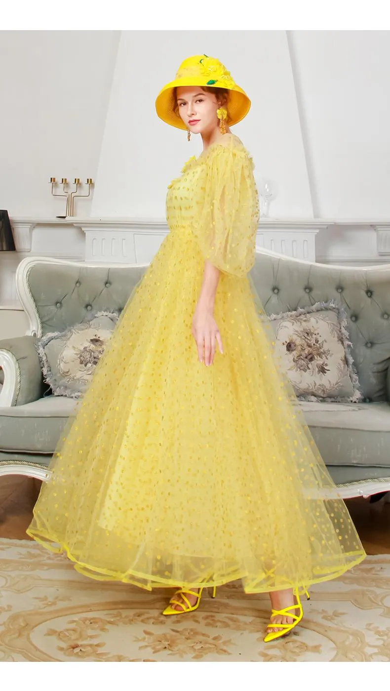 1950's vintage inspired retro polks dot lace mesh tulle yellow swing 1950 retro midi tea lenght ball down dress - Coco