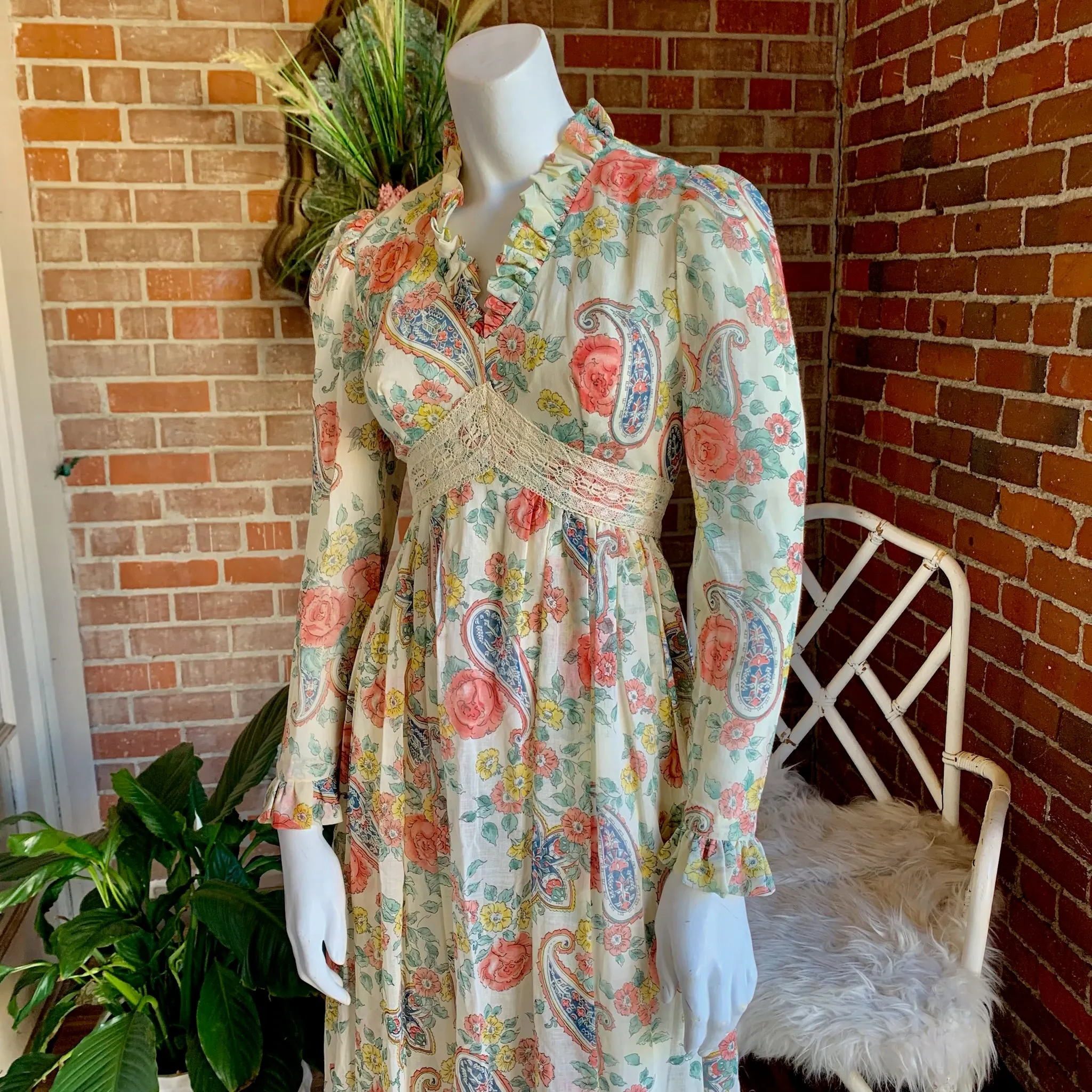 1970s Ruffled Floral and Crochet Maxi Dress