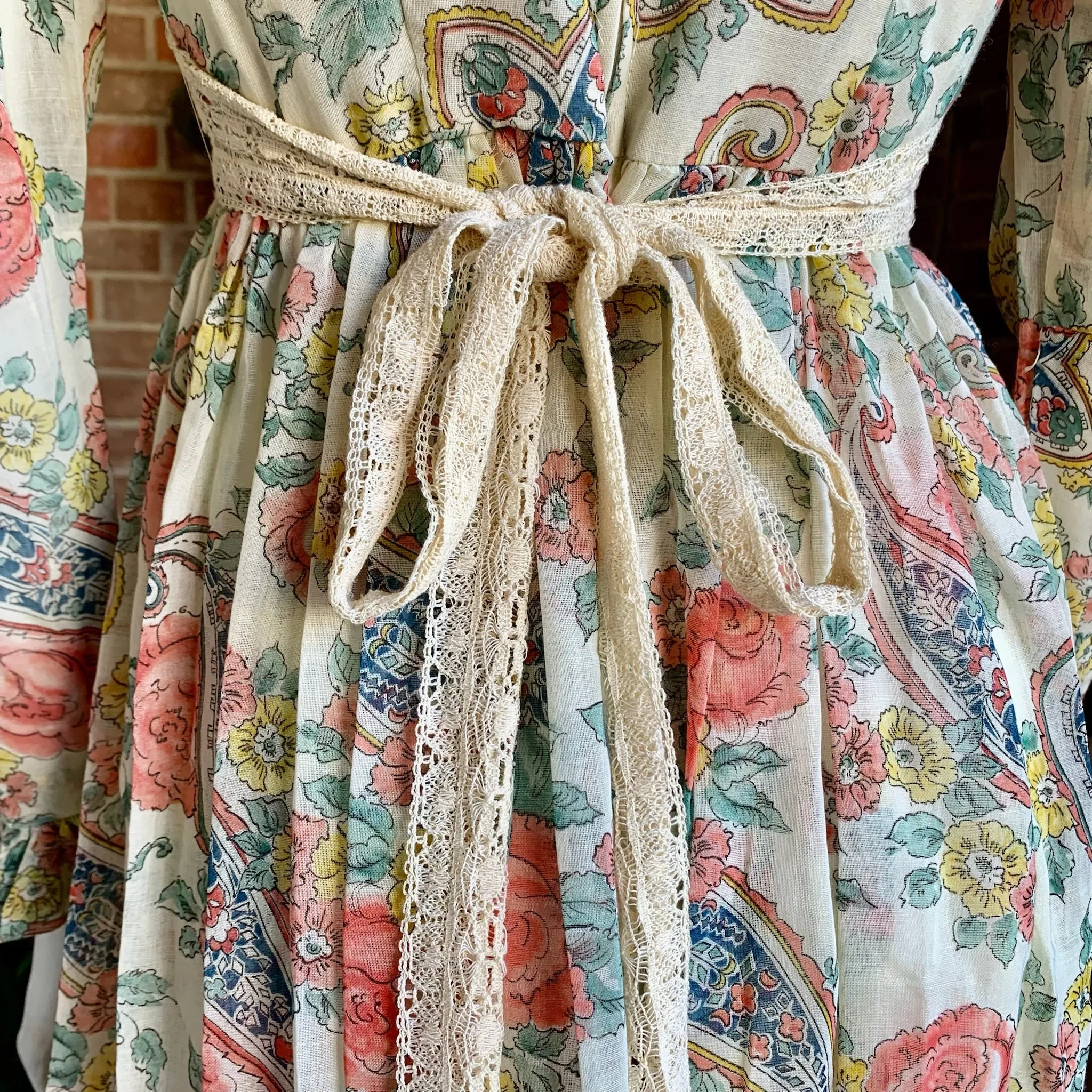 1970s Ruffled Floral and Crochet Maxi Dress