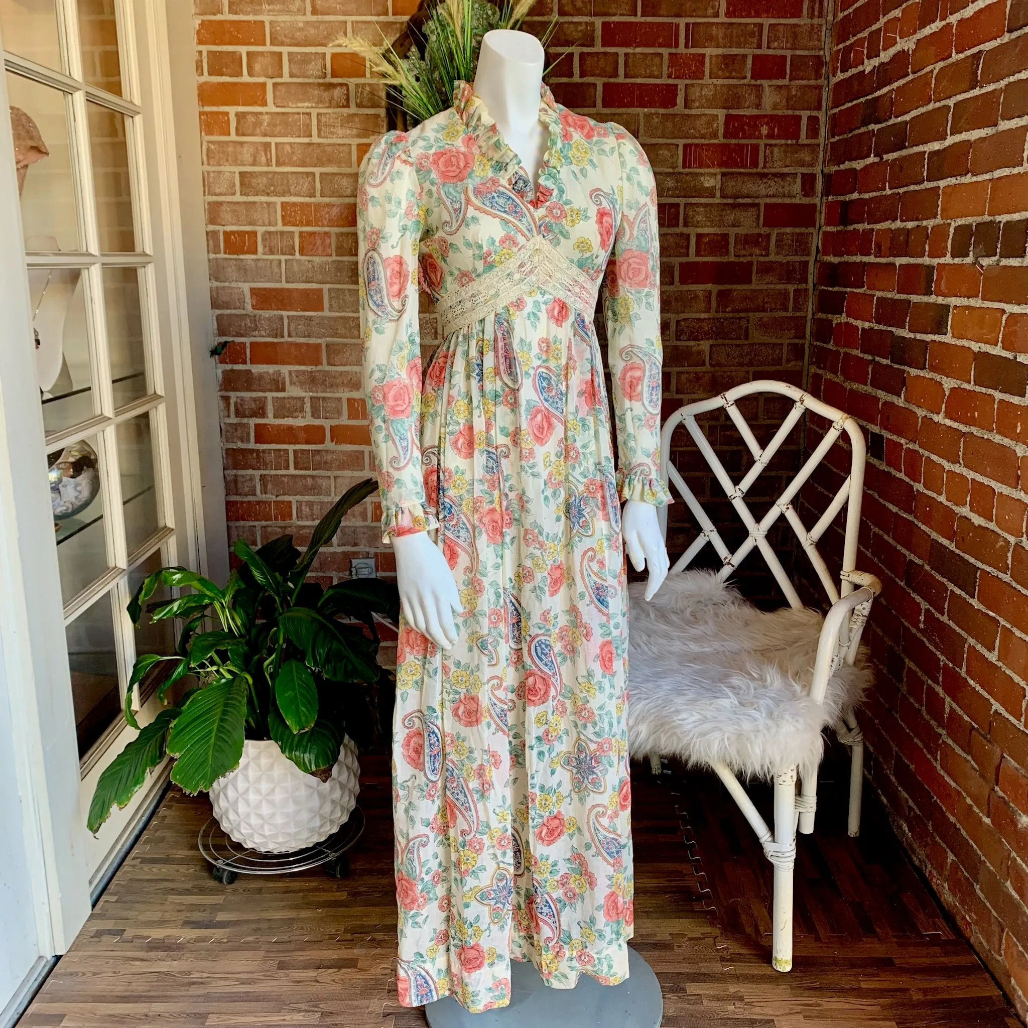 1970s Ruffled Floral and Crochet Maxi Dress