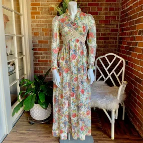 1970s Ruffled Floral and Crochet Maxi Dress