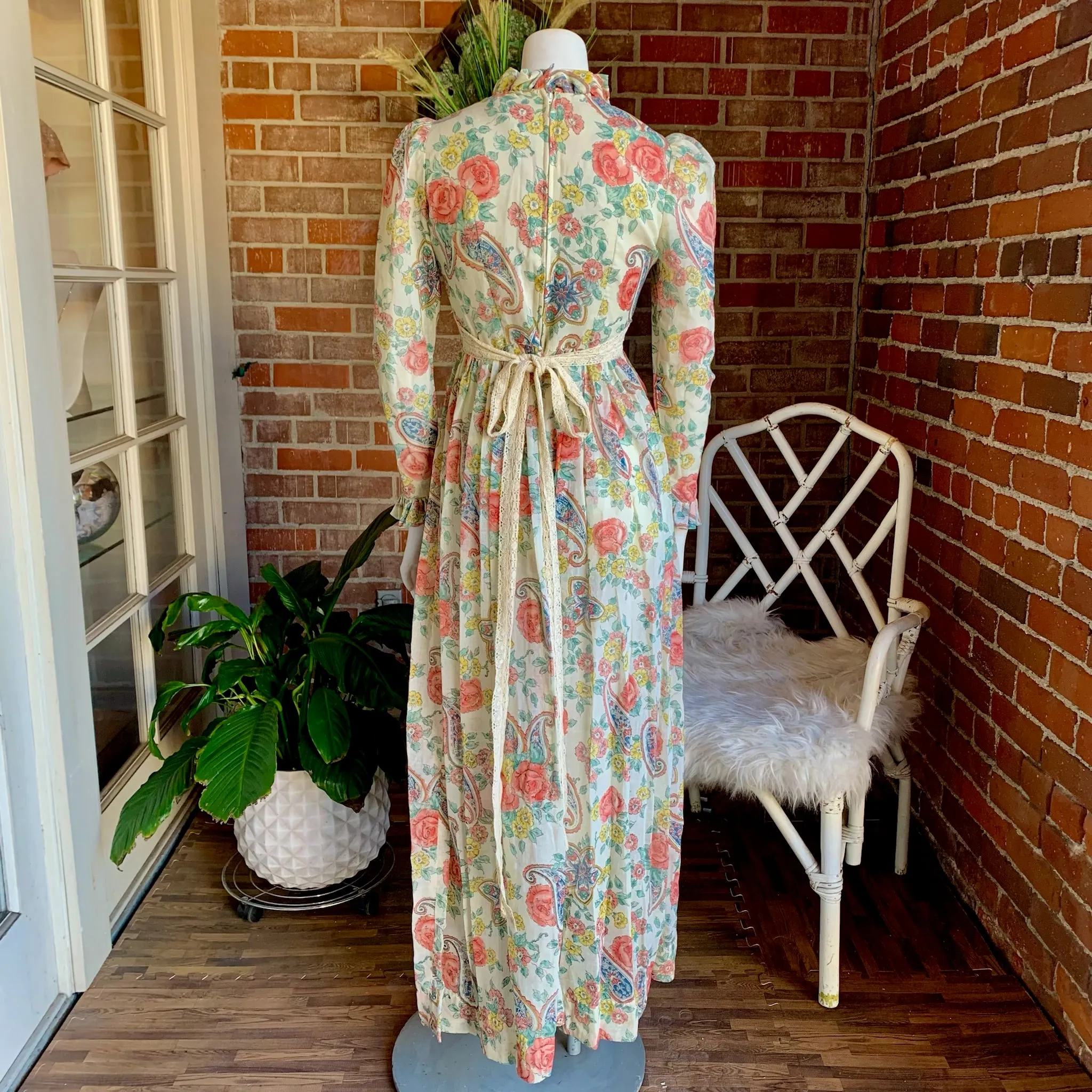 1970s Ruffled Floral and Crochet Maxi Dress