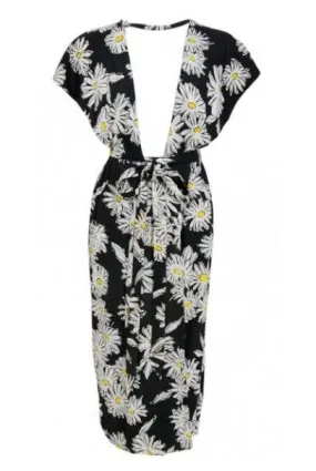 1970's Sheridan Barnet Daisy Print Crepe Plunge Wrap Dress British Vogue