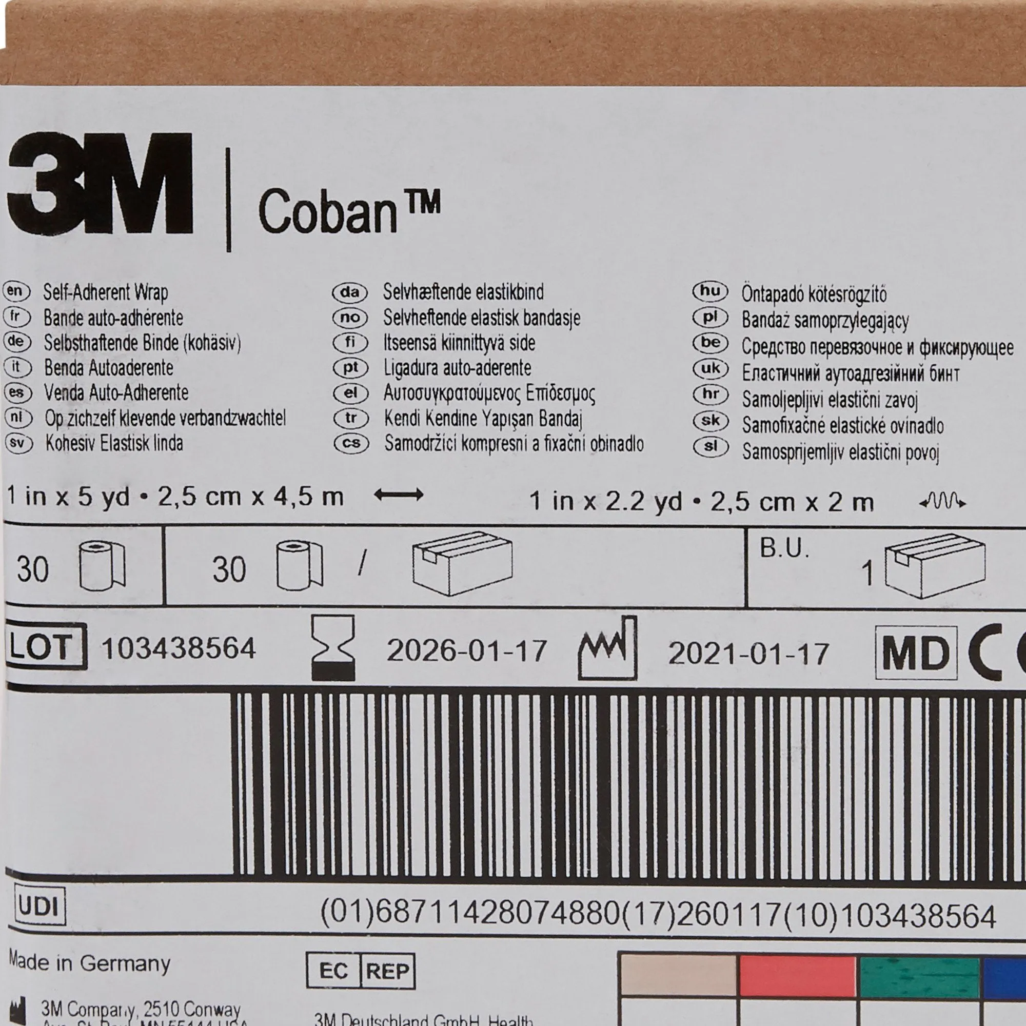 3M™ Coban™ Self-adherent Closure Cohesive Bandage, 1 Inch x 5 Yard