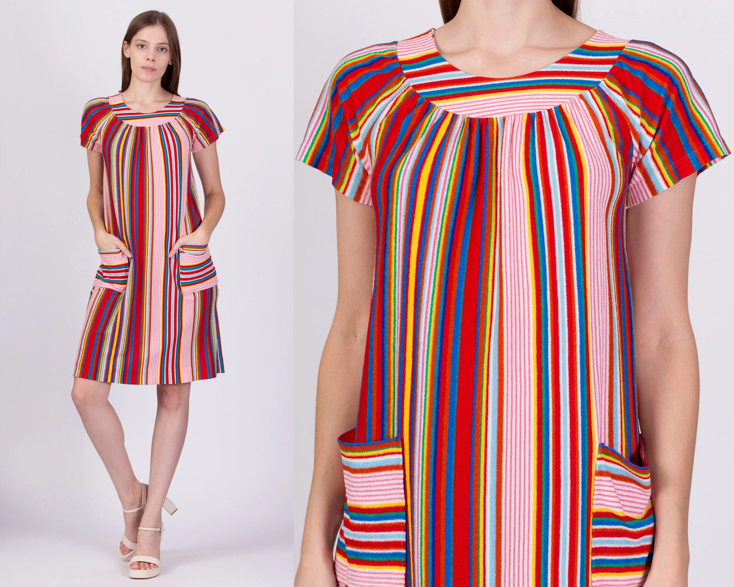 70s Rainbow Striped Terrycloth Dress - Extra Small