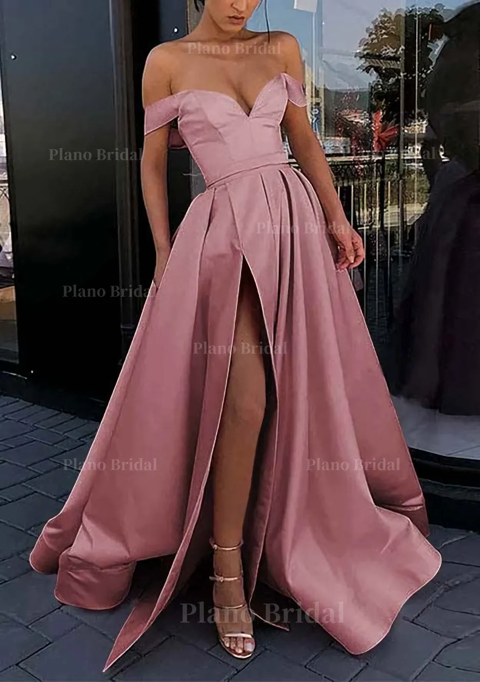 A-line Off-the-Shoulder Strapless Long/Floor-Length Satin Prom Dress With Split