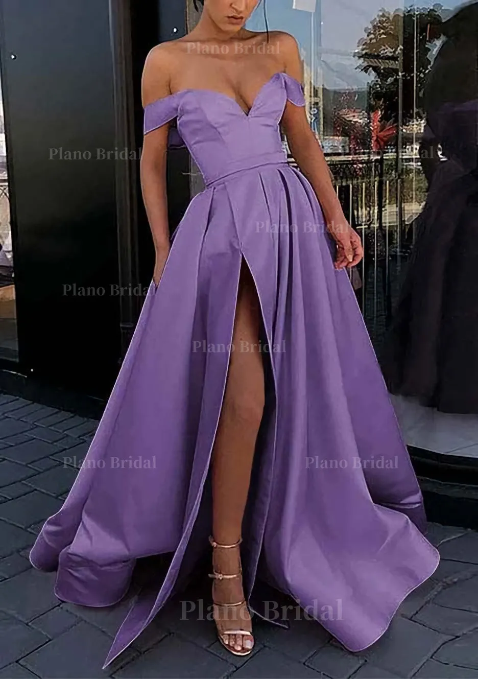 A-line Off-the-Shoulder Strapless Long/Floor-Length Satin Prom Dress With Split