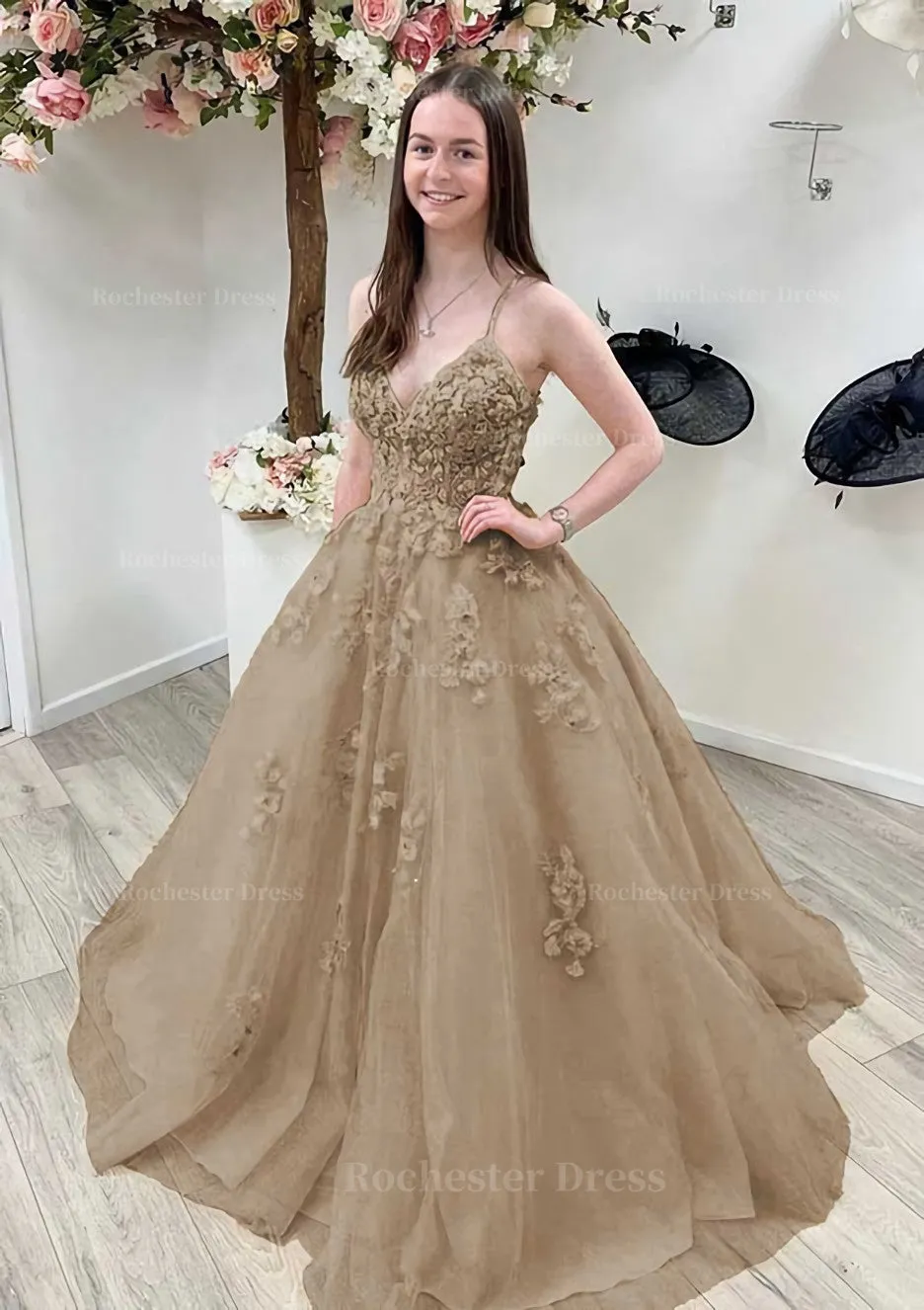 A-line Princess V Neck Sleeveless Sweep Train Tulle Prom Dress With Appliqued Beading Lace