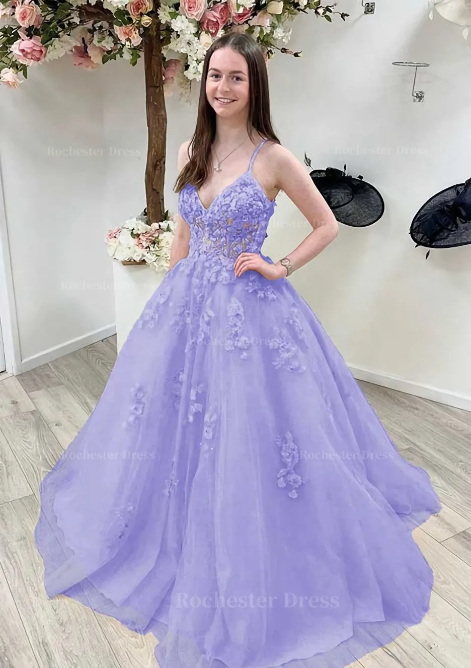 A-line Princess V Neck Sleeveless Sweep Train Tulle Prom Dress With Appliqued Beading Lace