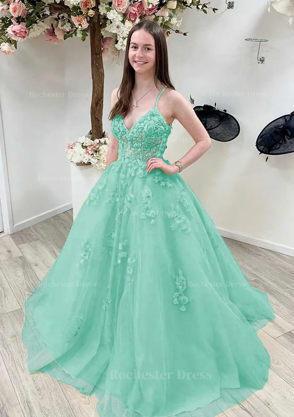 A-line Princess V Neck Sleeveless Sweep Train Tulle Prom Dress With Appliqued Beading Lace