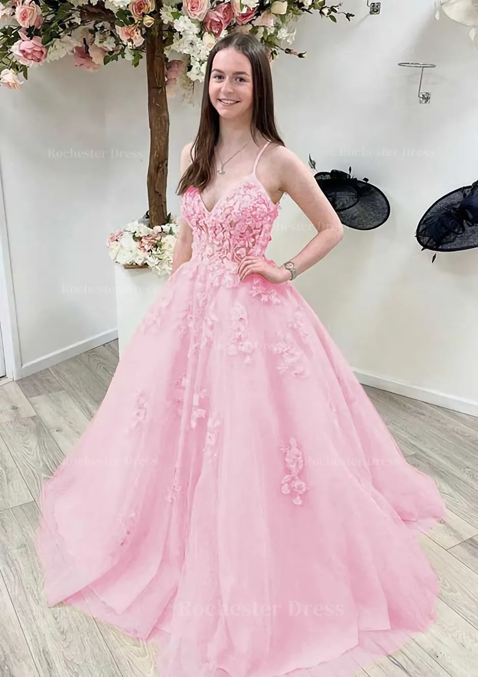 A-line Princess V Neck Sleeveless Sweep Train Tulle Prom Dress With Appliqued Beading Lace