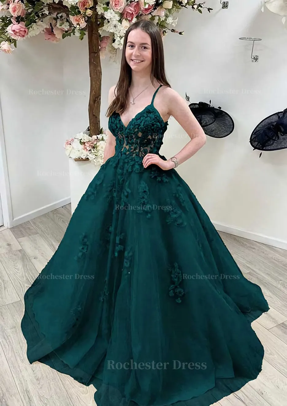 A-line Princess V Neck Sleeveless Sweep Train Tulle Prom Dress With Appliqued Beading Lace