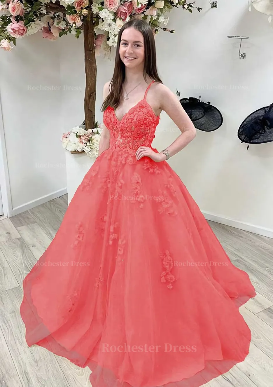 A-line Princess V Neck Sleeveless Sweep Train Tulle Prom Dress With Appliqued Beading Lace