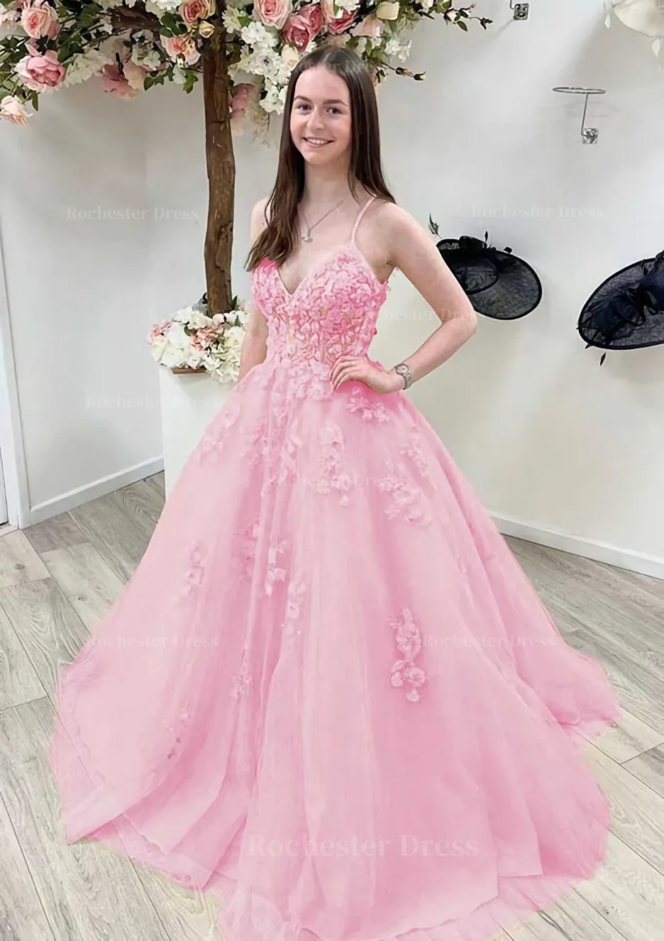 A-line Princess V Neck Sleeveless Sweep Train Tulle Prom Dress With Appliqued Beading Lace