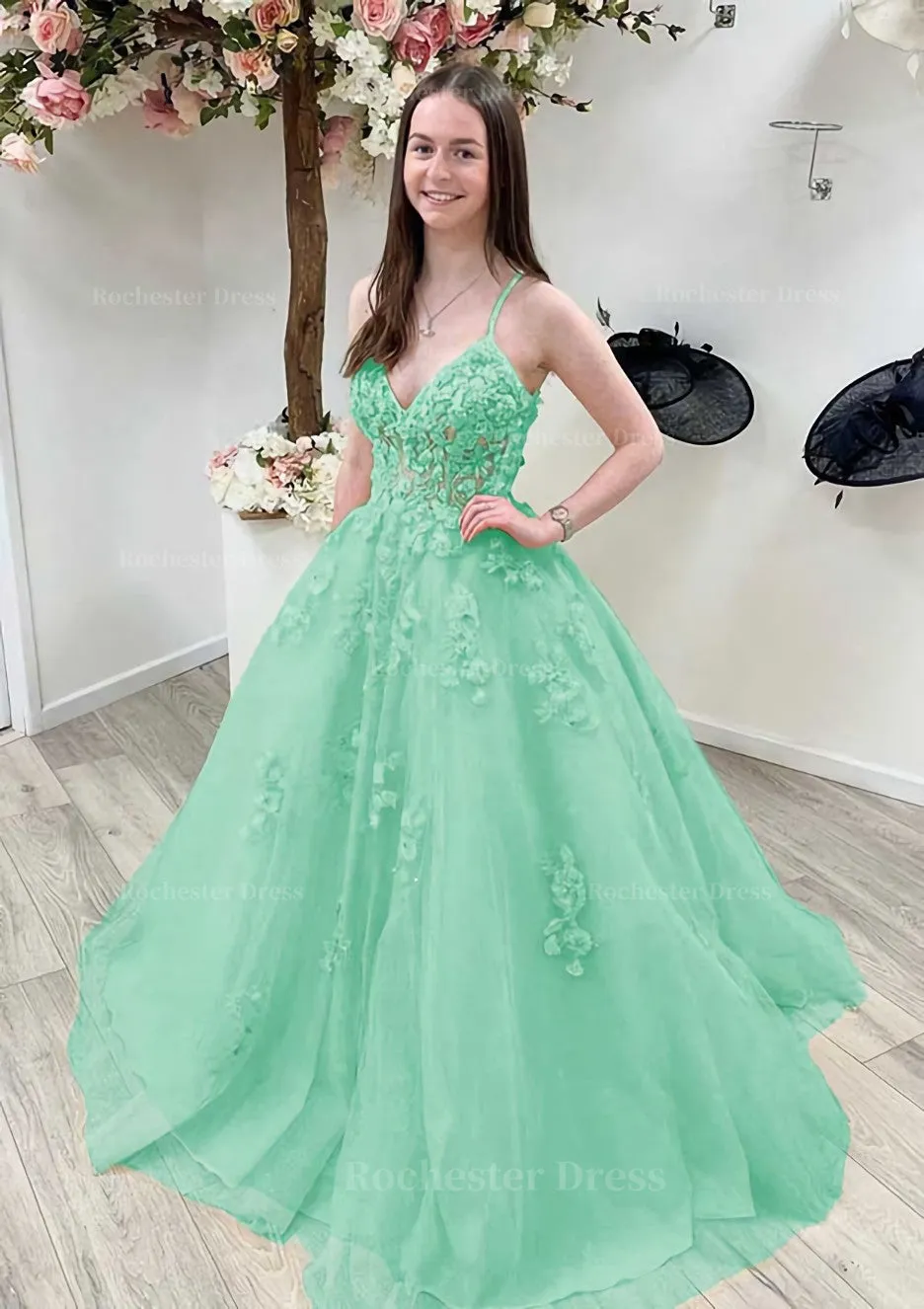 A-line Princess V Neck Sleeveless Sweep Train Tulle Prom Dress With Appliqued Beading Lace