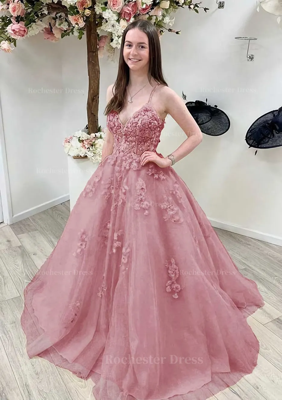 A-line Princess V Neck Sleeveless Sweep Train Tulle Prom Dress With Appliqued Beading Lace