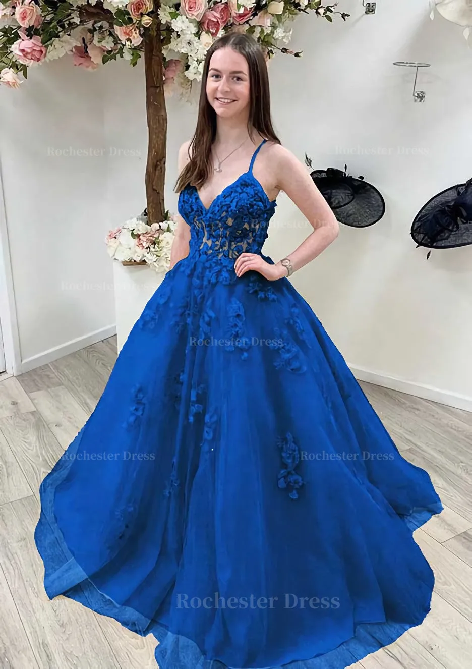 A-line Princess V Neck Sleeveless Sweep Train Tulle Prom Dress With Appliqued Beading Lace