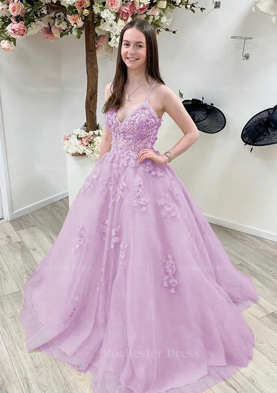 A-line Princess V Neck Sleeveless Sweep Train Tulle Prom Dress With Appliqued Beading Lace