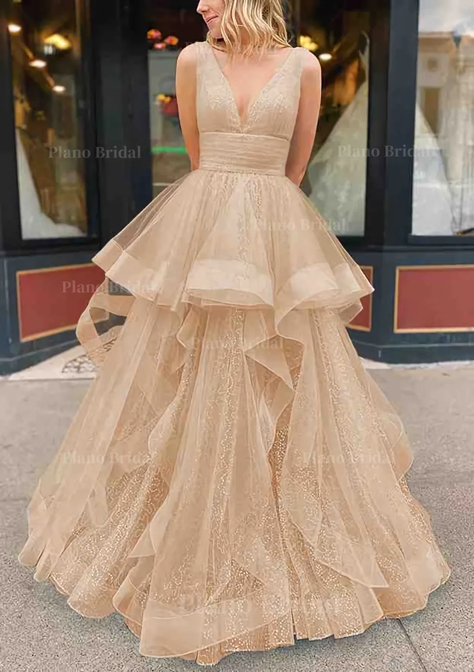 A-line V Neck Sleeveless Long/Floor-Length Tulle Glitter Prom Dress With Pleated