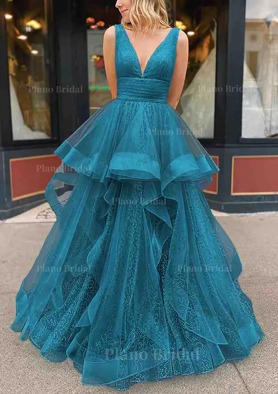 A-line V Neck Sleeveless Long/Floor-Length Tulle Glitter Prom Dress With Pleated