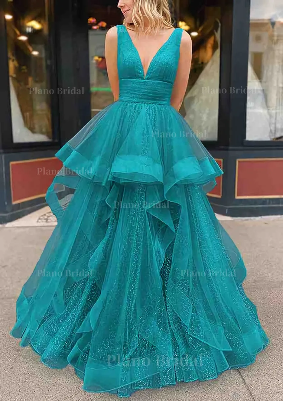 A-line V Neck Sleeveless Long/Floor-Length Tulle Glitter Prom Dress With Pleated