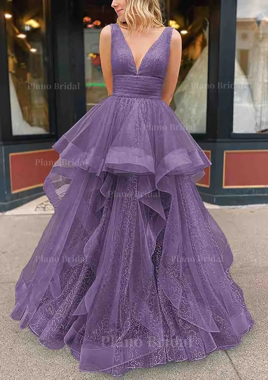 A-line V Neck Sleeveless Long/Floor-Length Tulle Glitter Prom Dress With Pleated