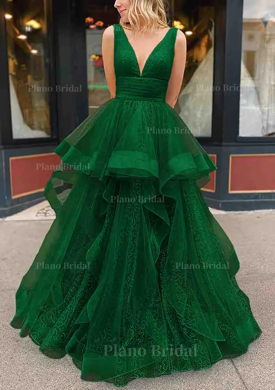 A-line V Neck Sleeveless Long/Floor-Length Tulle Glitter Prom Dress With Pleated