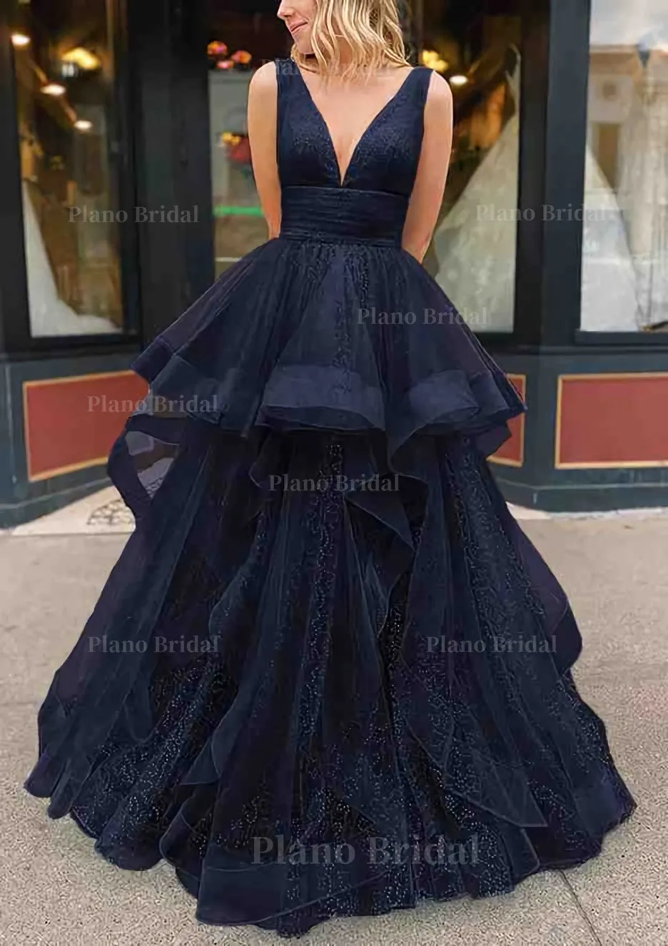 A-line V Neck Sleeveless Long/Floor-Length Tulle Glitter Prom Dress With Pleated