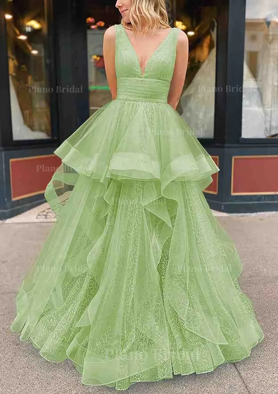 A-line V Neck Sleeveless Long/Floor-Length Tulle Glitter Prom Dress With Pleated