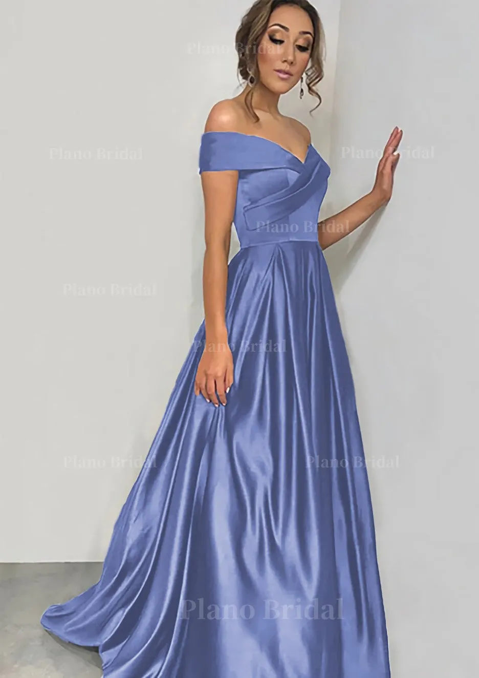 A-line/Princess Off-the-Shoulder Sleeveless Sweep Train Satin Prom Dress With Pleated