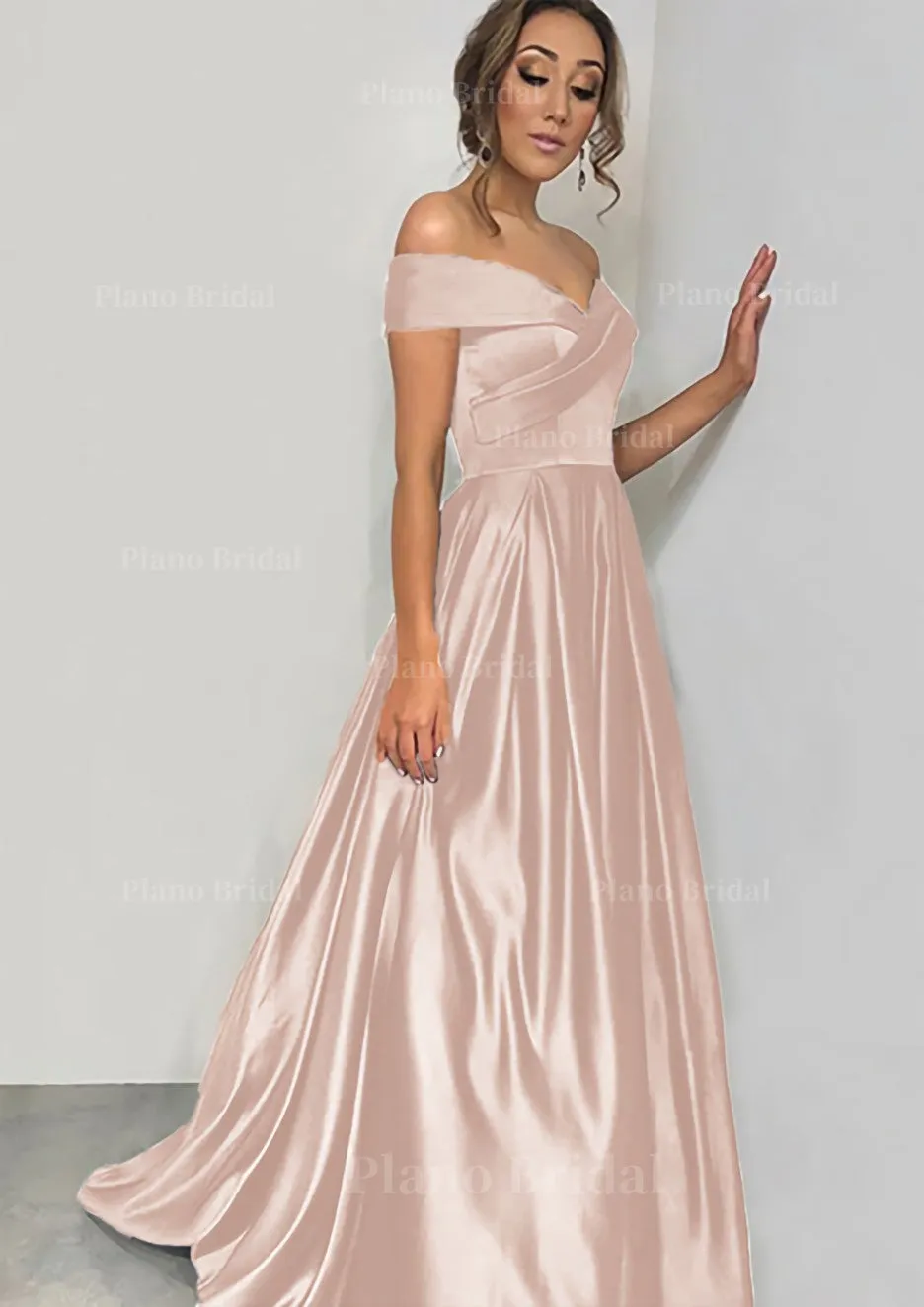 A-line/Princess Off-the-Shoulder Sleeveless Sweep Train Satin Prom Dress With Pleated