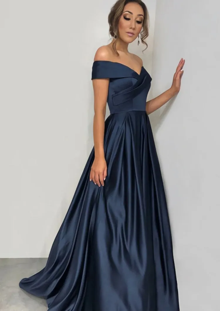 A-line/Princess Off-the-Shoulder Sleeveless Sweep Train Satin Prom Dress With Pleated