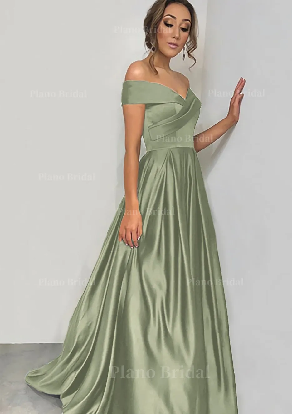 A-line/Princess Off-the-Shoulder Sleeveless Sweep Train Satin Prom Dress With Pleated