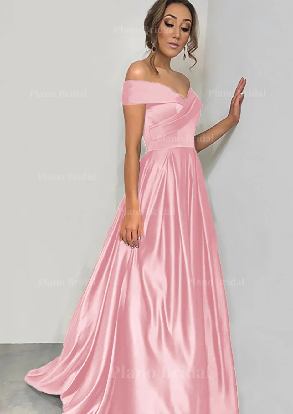 A-line/Princess Off-the-Shoulder Sleeveless Sweep Train Satin Prom Dress With Pleated