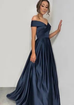 A-line/Princess Off-the-Shoulder Sleeveless Sweep Train Satin Prom Dress With Pleated