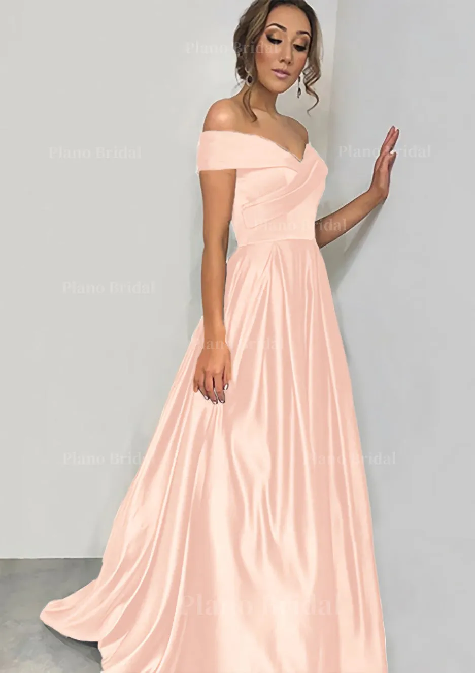 A-line/Princess Off-the-Shoulder Sleeveless Sweep Train Satin Prom Dress With Pleated