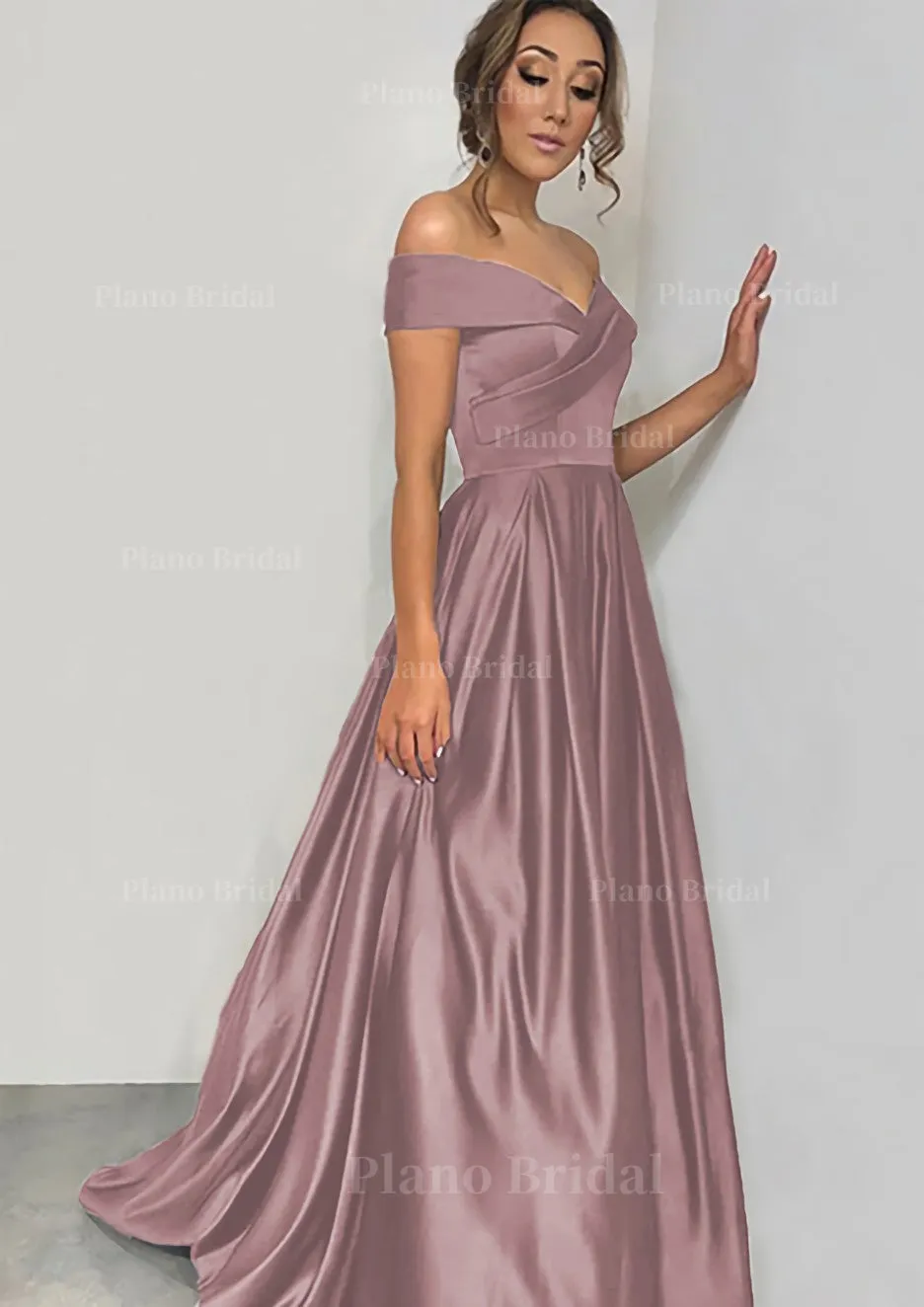 A-line/Princess Off-the-Shoulder Sleeveless Sweep Train Satin Prom Dress With Pleated