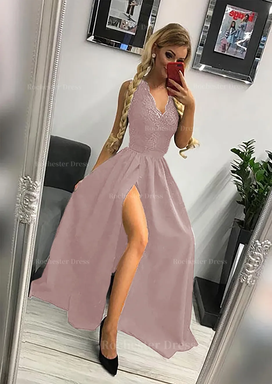 A-line/Princess Scalloped Neck Sleeveless Long/Floor-Length Elastic Satin Prom Dress With Lace Split