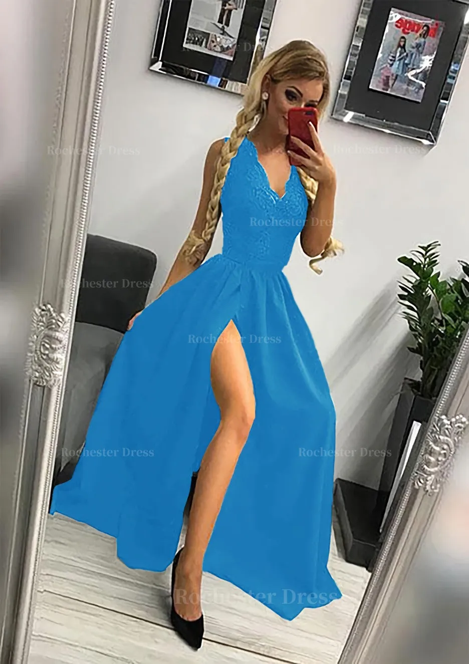 A-line/Princess Scalloped Neck Sleeveless Long/Floor-Length Elastic Satin Prom Dress With Lace Split