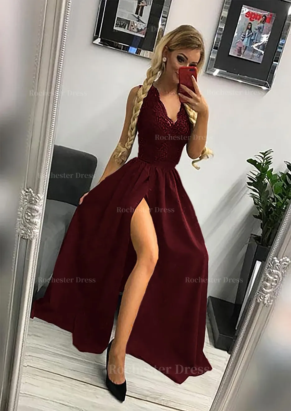 A-line/Princess Scalloped Neck Sleeveless Long/Floor-Length Elastic Satin Prom Dress With Lace Split