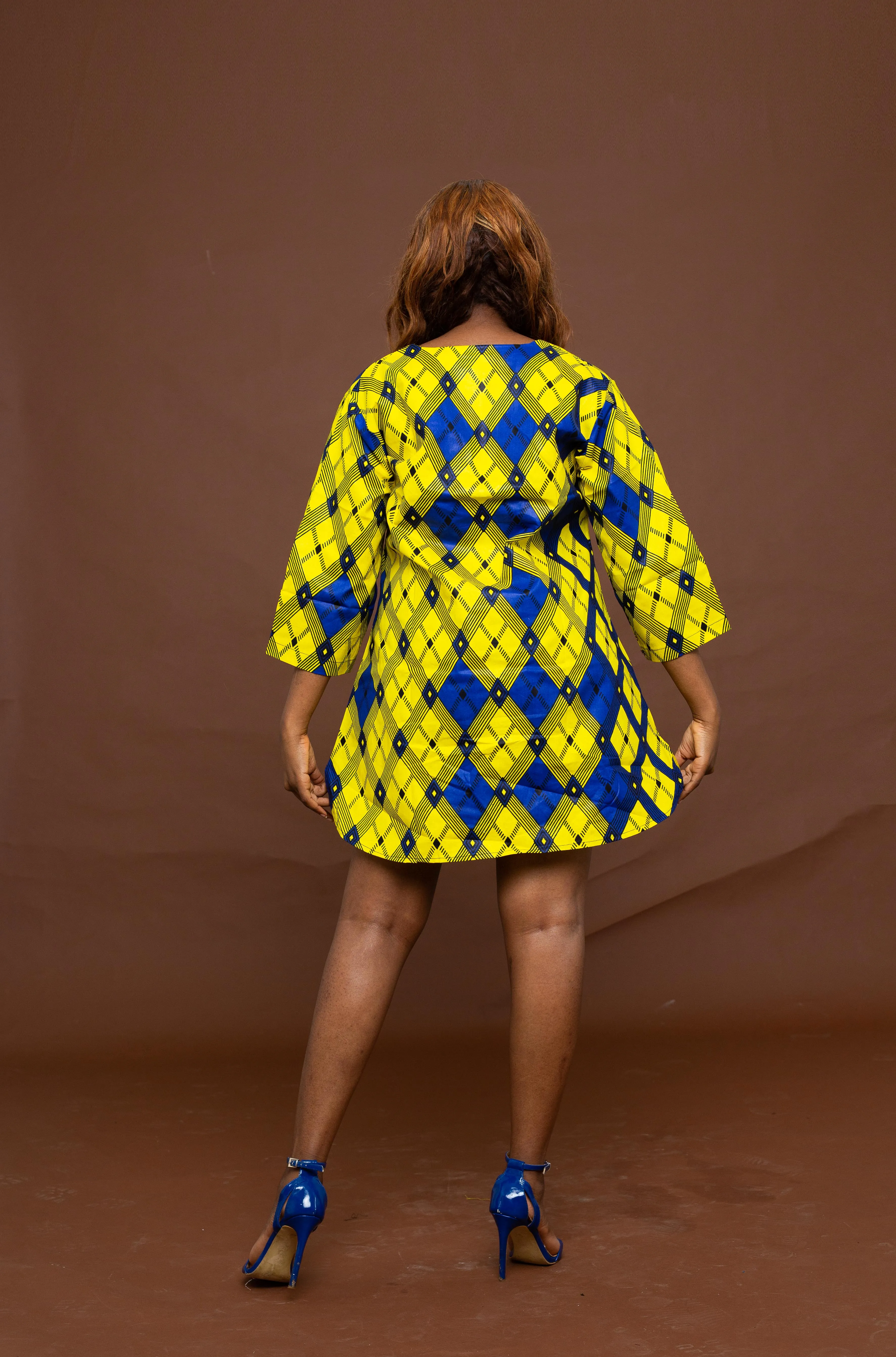 Agu Ankara Tunic Short Dress |Yellow and Blue African Print