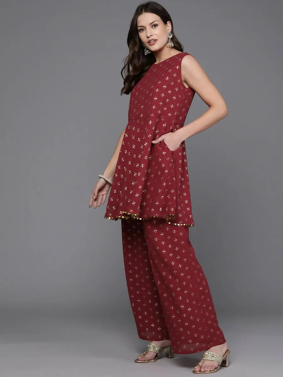 Ahalyaa Women Printed Tunic with Palazzos - Maroon Color