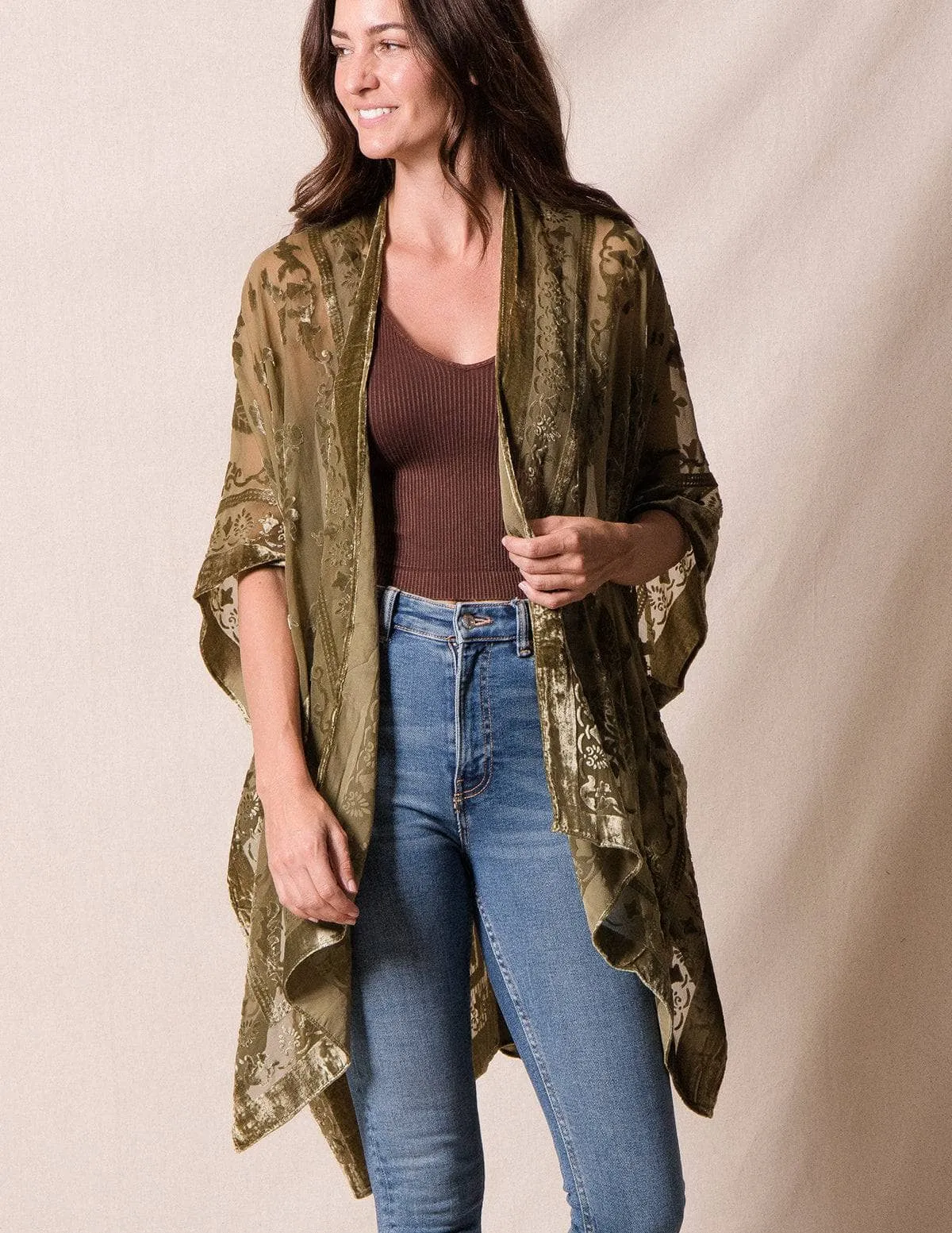 Ariana Velvet Kimono Wrap - Olive