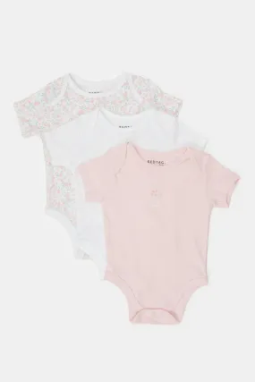 Baby White And Pink Printed Bodysuit Set (Pack Of 3)