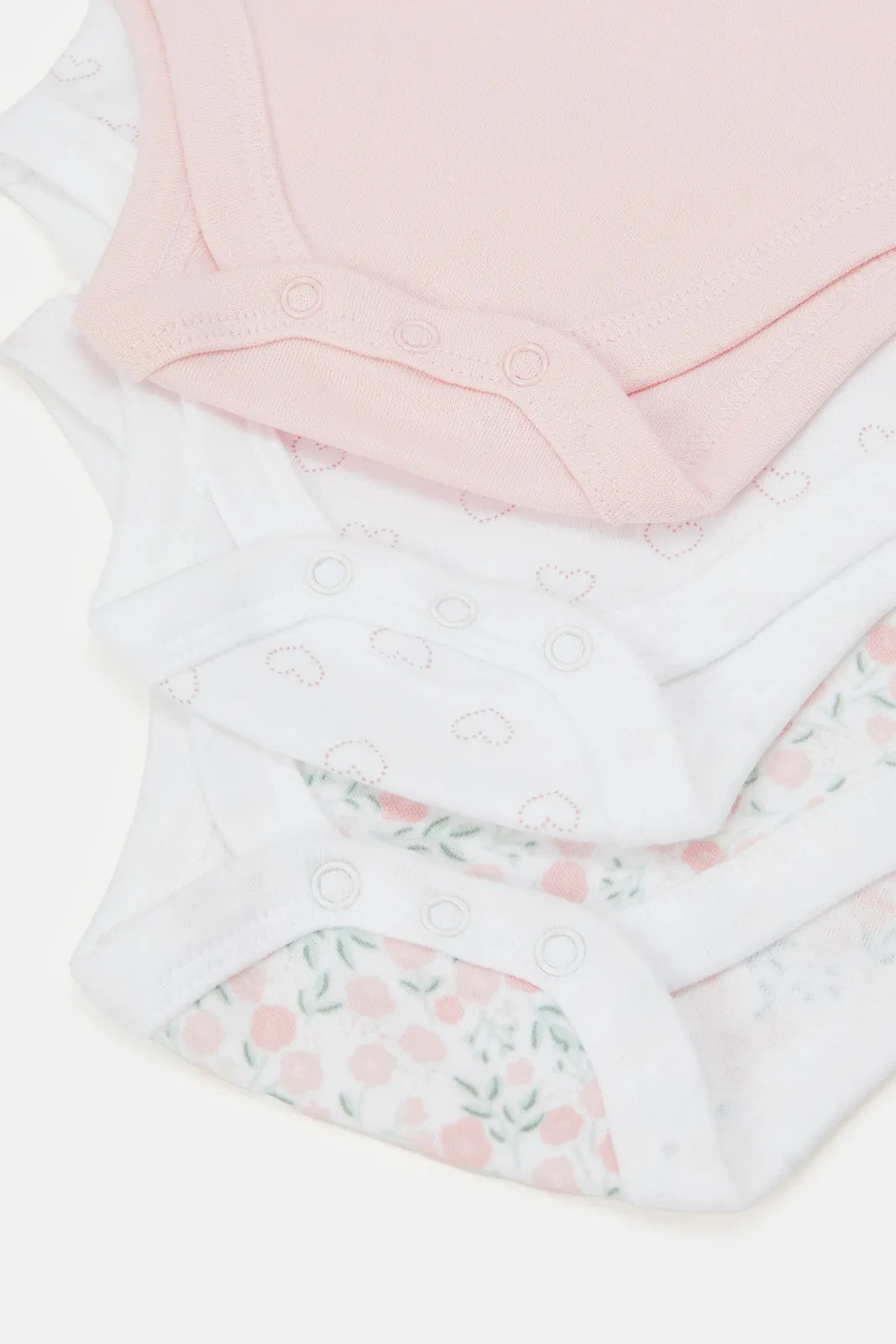 Baby White And Pink Printed Bodysuit Set (Pack Of 3)